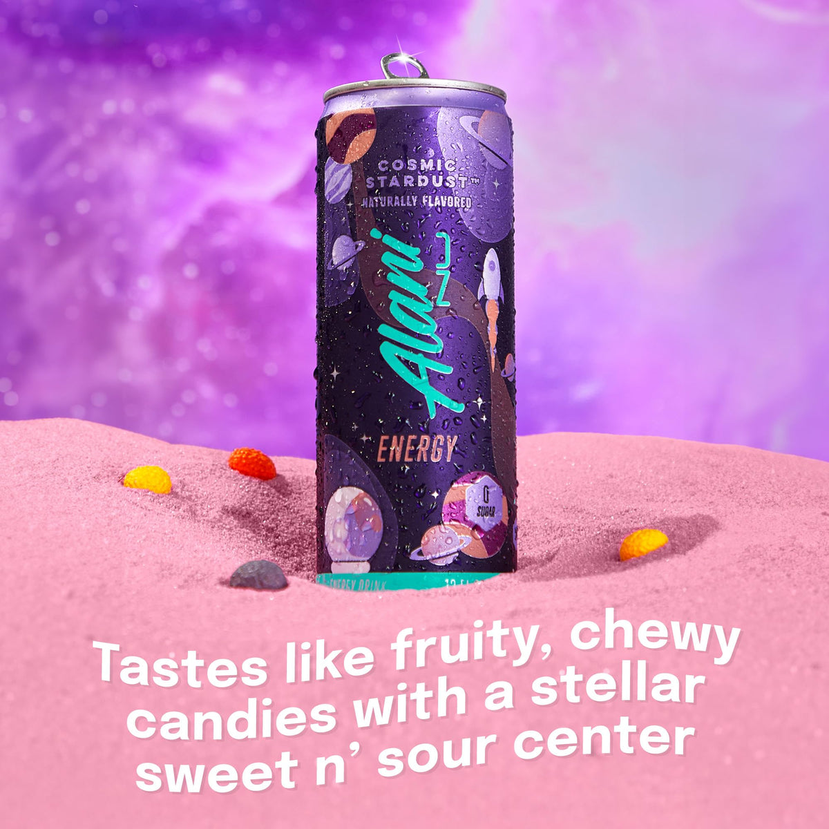 Alani Nu Cosmic Stardust can side panel shows caffeine content and low calories.