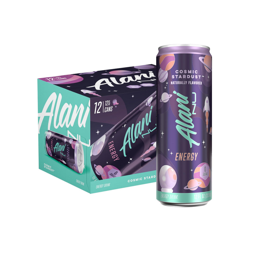 Alani Nu Cosmic Stardust can front view, energy boost on the go.