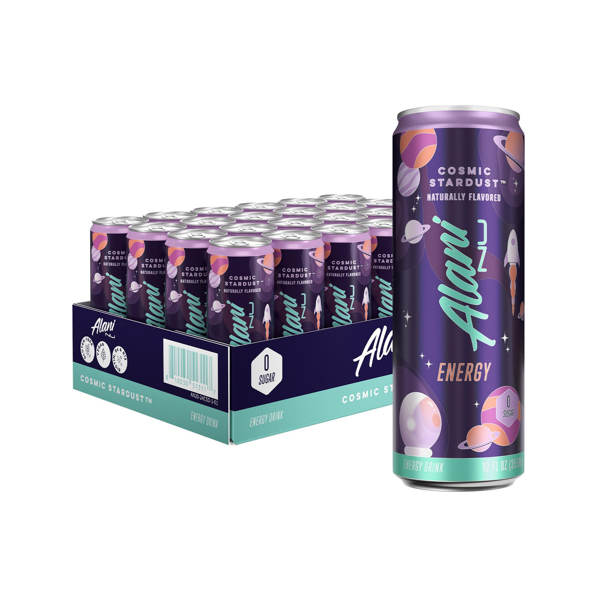 Alani Nu Cosmic Stardust can front highlighting zero sugar and bold flavor.