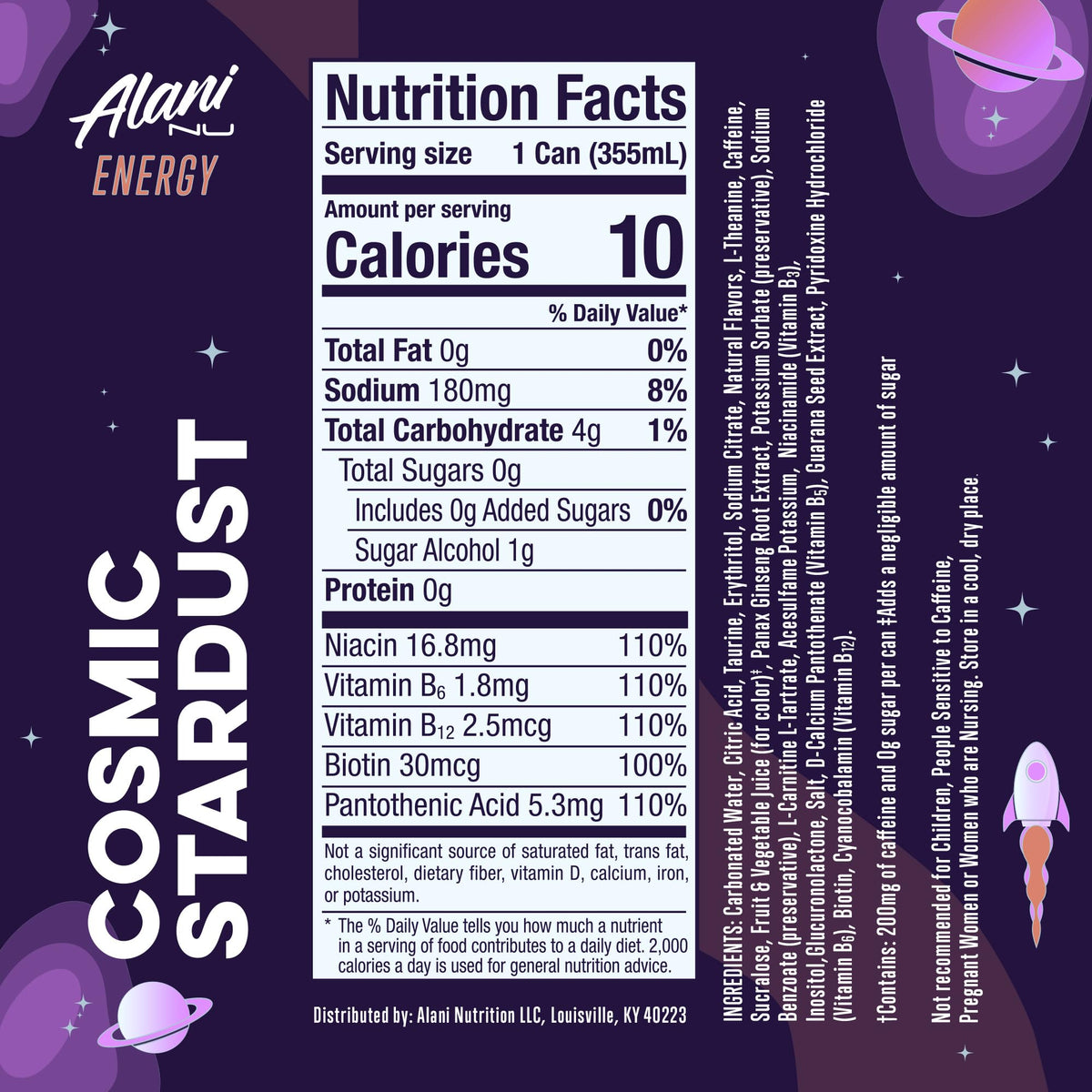 Alani Nu Cosmic Stardust can side nutrition label, zero sugar claim.