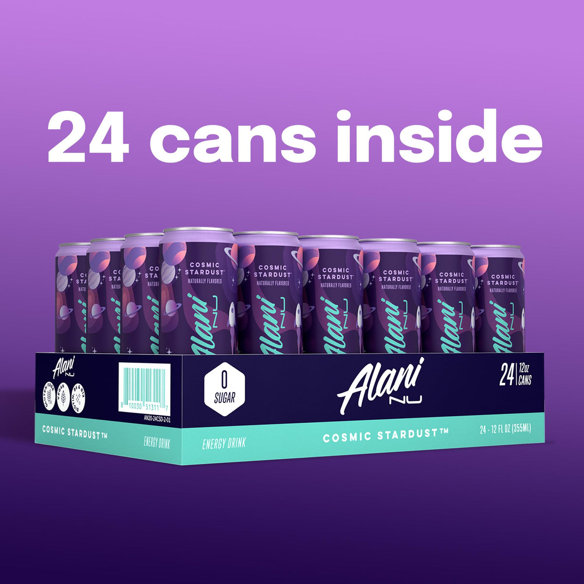 Alani Nu Cosmic Stardust nutrition label close-up emphasizes vegan and gluten-free ingredients.