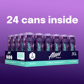 Alani Nu Cosmic Stardust nutrition label close-up emphasizes vegan and gluten-free ingredients.