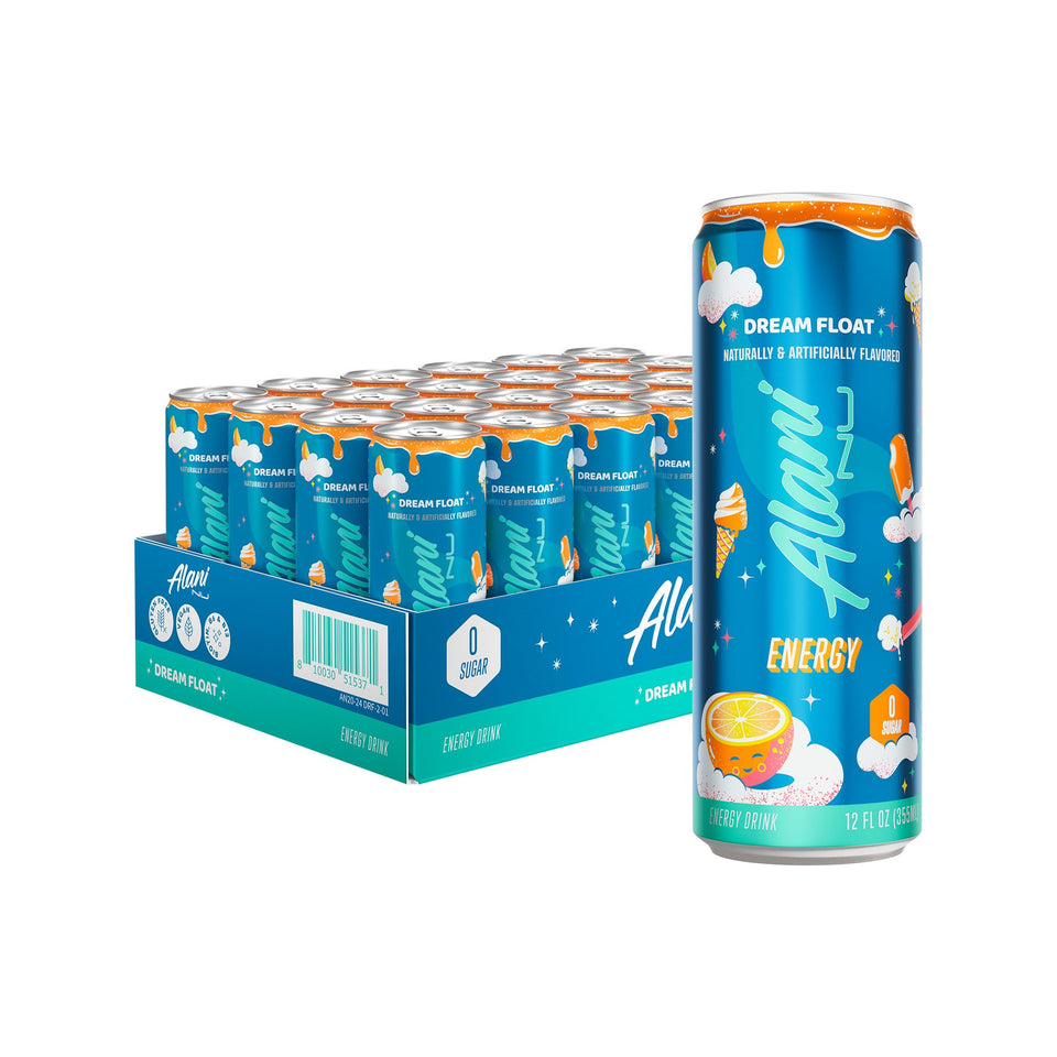 Alani Nu DREAM FLOAT bottle close-up shows zero-sugar energy for daytime focus