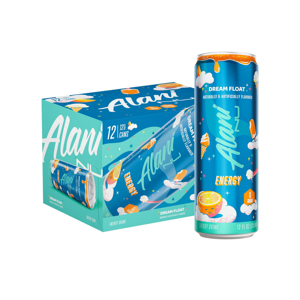 Alani Nu Dream Float can front view highlighting zero-sugar energy.