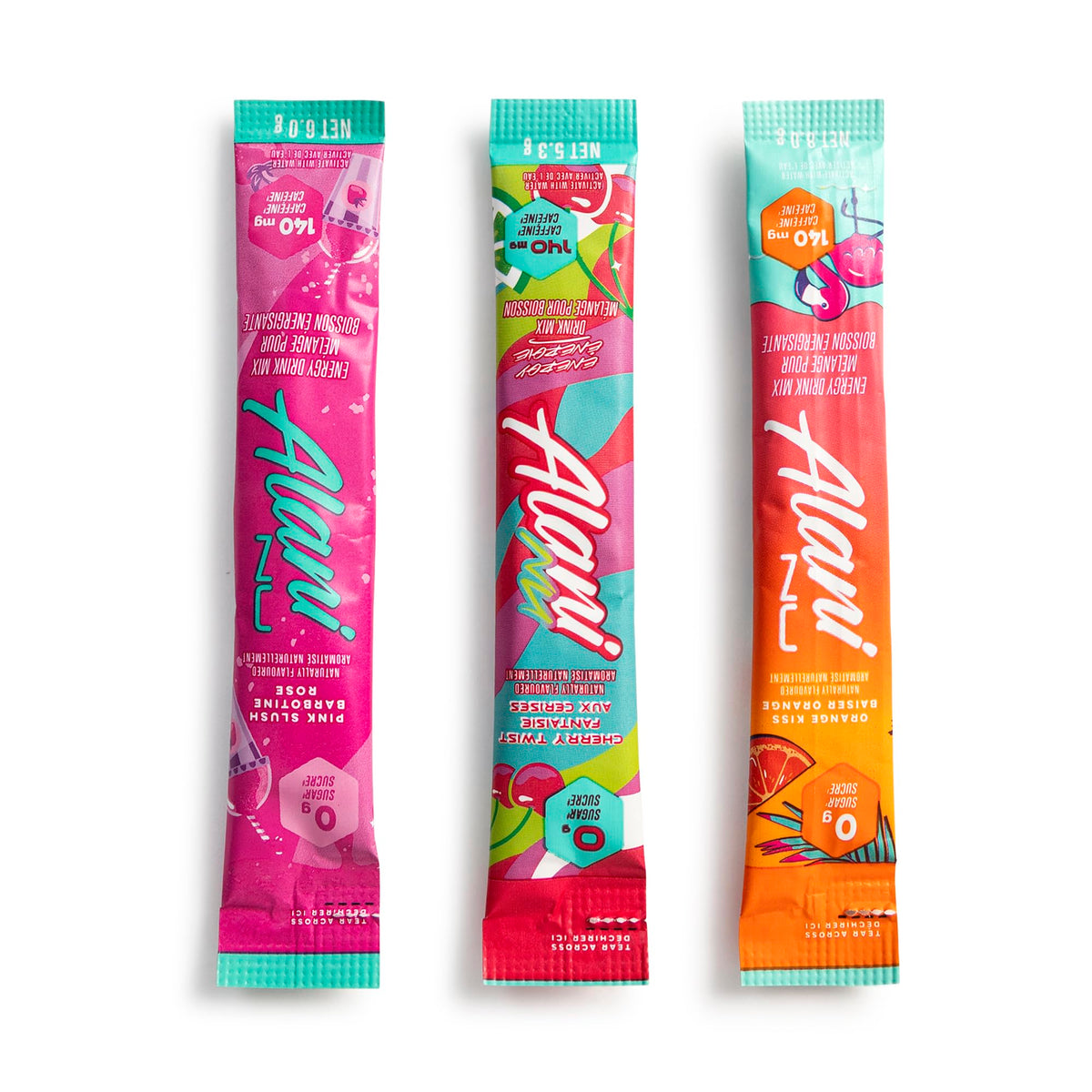 Alani Nu 30-stick energy pack showing three flavors together.