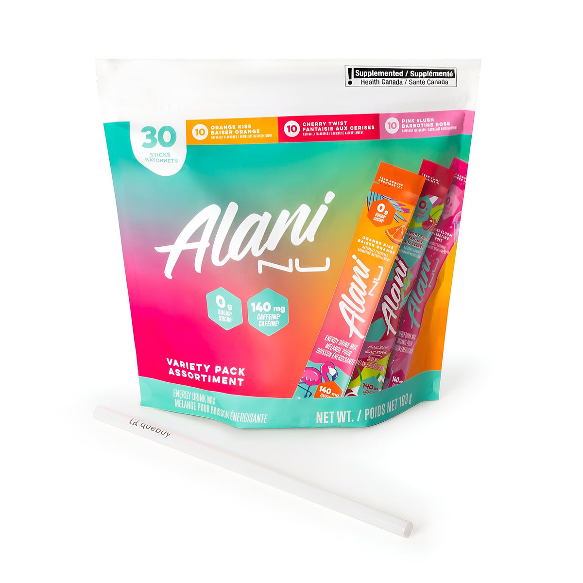 Alani Nu energy sticks Orange Kiss on-the-go packet for morning boost.