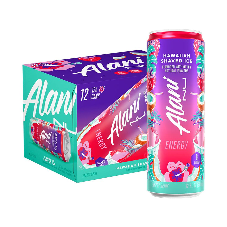 Alani Nu Hawaiian Shaved Ice can front view highlights zero sugar and light energy.