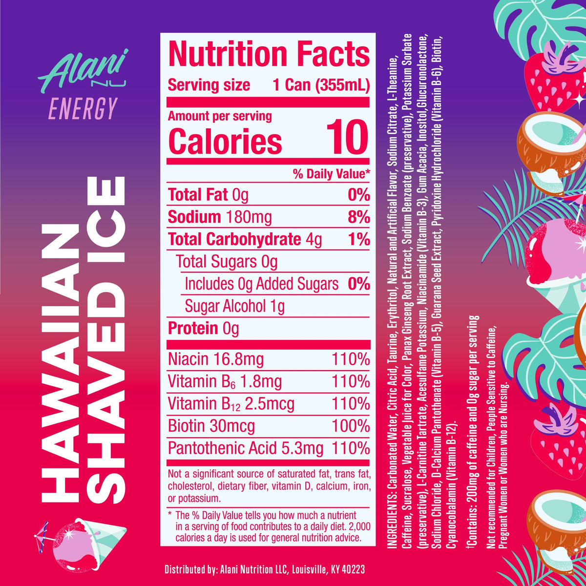 Alani Nu Hawaiian Shaved Ice can side shows bold flavor with a low-calorie boost
