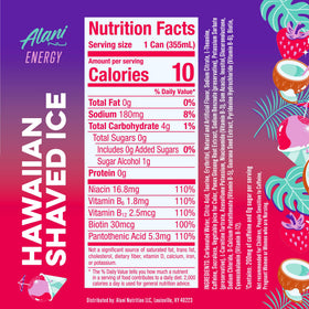Alani Nu Hawaiian Shaved Ice can side shows bold flavor with a low-calorie boost