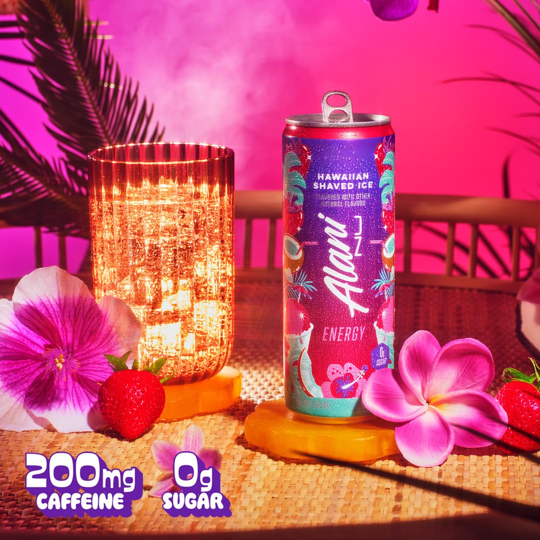 Alani Nu Hawaiian Shaved Ice cans on shelf show vegan and gluten-free formula.