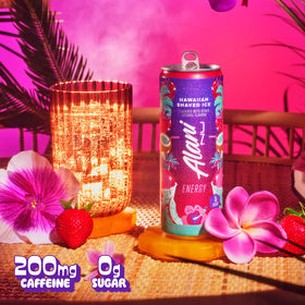 Alani Nu Hawaiian Shaved Ice cans on shelf show vegan and gluten-free formula.