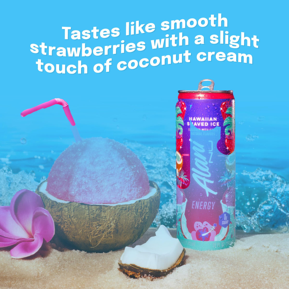 Alani Nu Hawaiian Shaved Ice pour glass highlights refreshing tropical energy