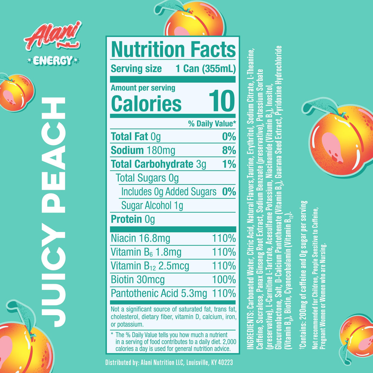 Alani Nu JUICY PEACH bottle-label highlights vegan formula and zero sugar.