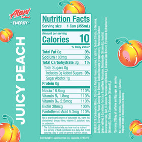 Alani Nu JUICY PEACH bottle-label highlights vegan formula and zero sugar.