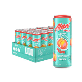 Alani Nu Juicy Peach can front shows zero sugar and low calories for quick energy