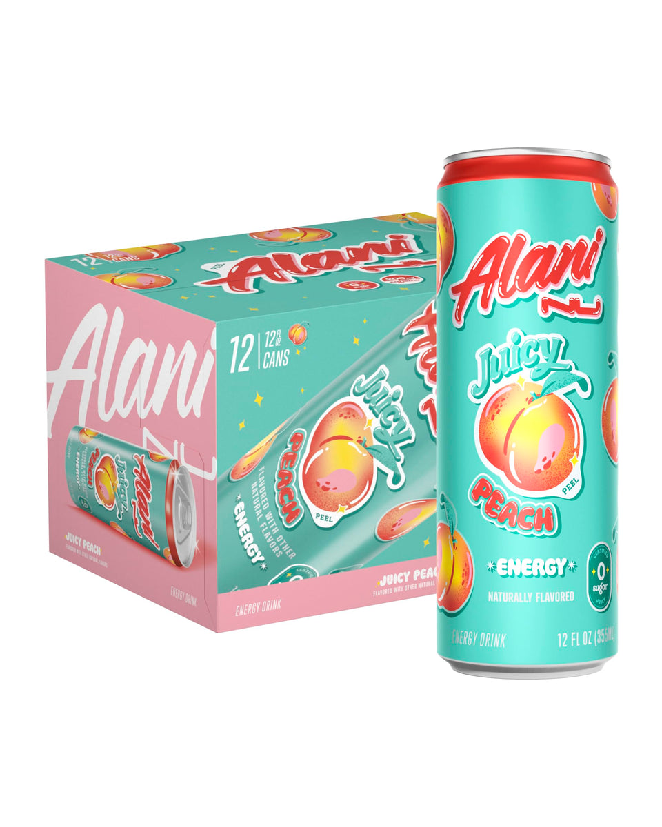 Alani Nu JUICY PEACH can showcases bold flavor for an on-the-go energy lift.