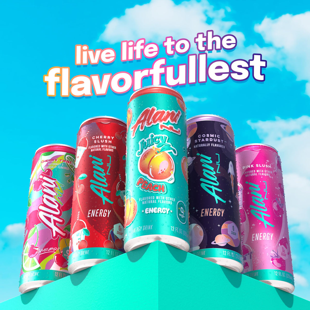 Alani Nu Juicy Peach caffeine boost graphic signals energy for workouts