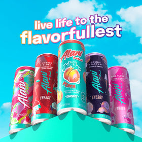 Alani Nu Juicy Peach caffeine boost graphic signals energy for workouts