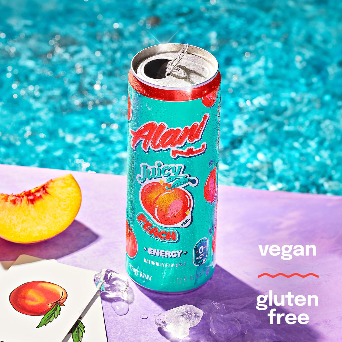 Alani Nu Juicy Peach label closeup highlights vegan, gluten-free, no artificial colors