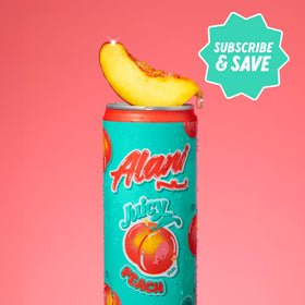Alani Nu Juicy Peach closeup conveys zero sugar and ten calories