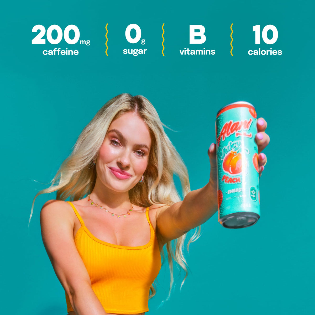 Alani Nu Juicy Peach 24-pack on shelf emphasizes value and low-calorie refreshment