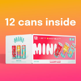 Alani Nu Mini Energy Juicy Peach display features vibrant, compact cans.