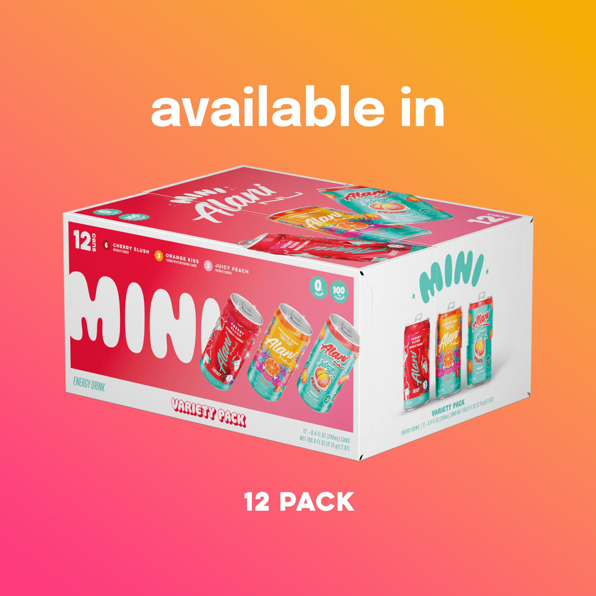 Alani Nu Mini Energy Juicy Peach label emphasizes zero sugar and B vitamins.