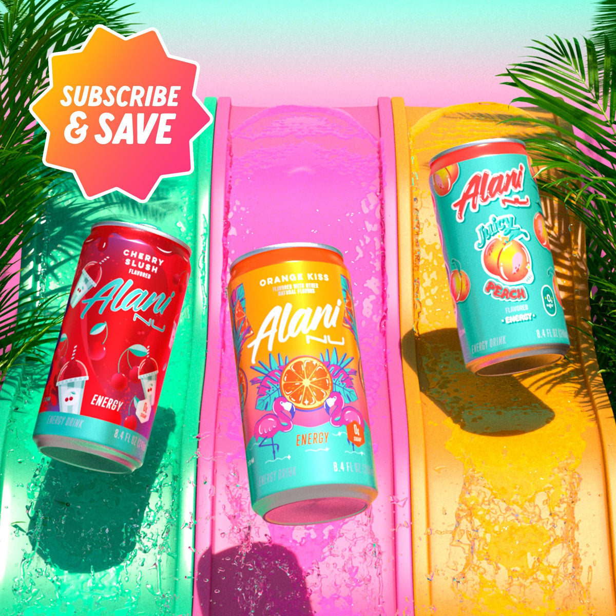 Alani Nu Mini Energy Orange Kiss display shows lively, on-the-go options.