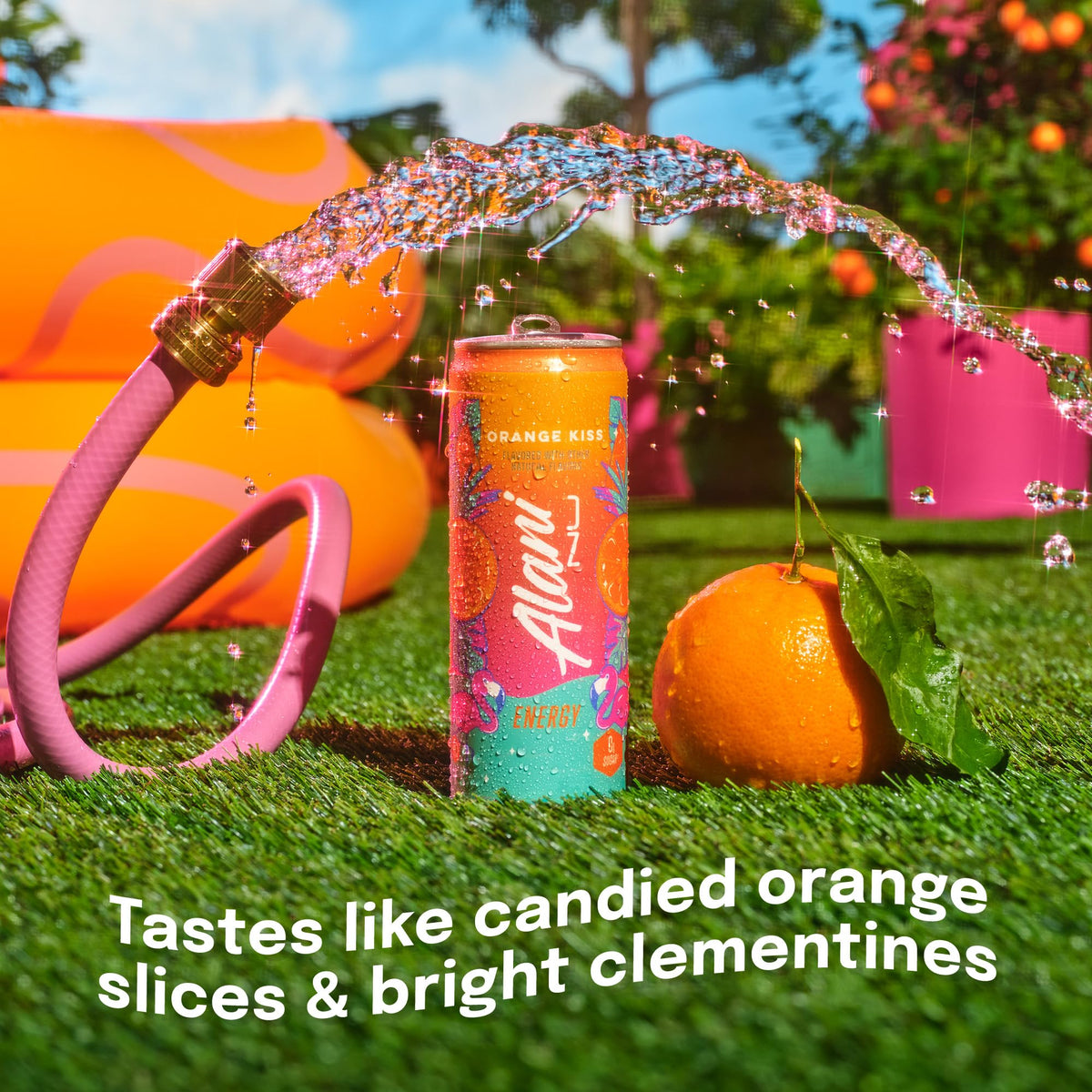 Alani Nu ORANGE KISS bottle and glass ready for quick energy during errands.