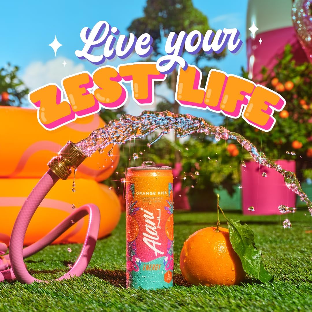Alani Nu Orange Kiss bottle side highlights antioxidants and vitamins for alertness.