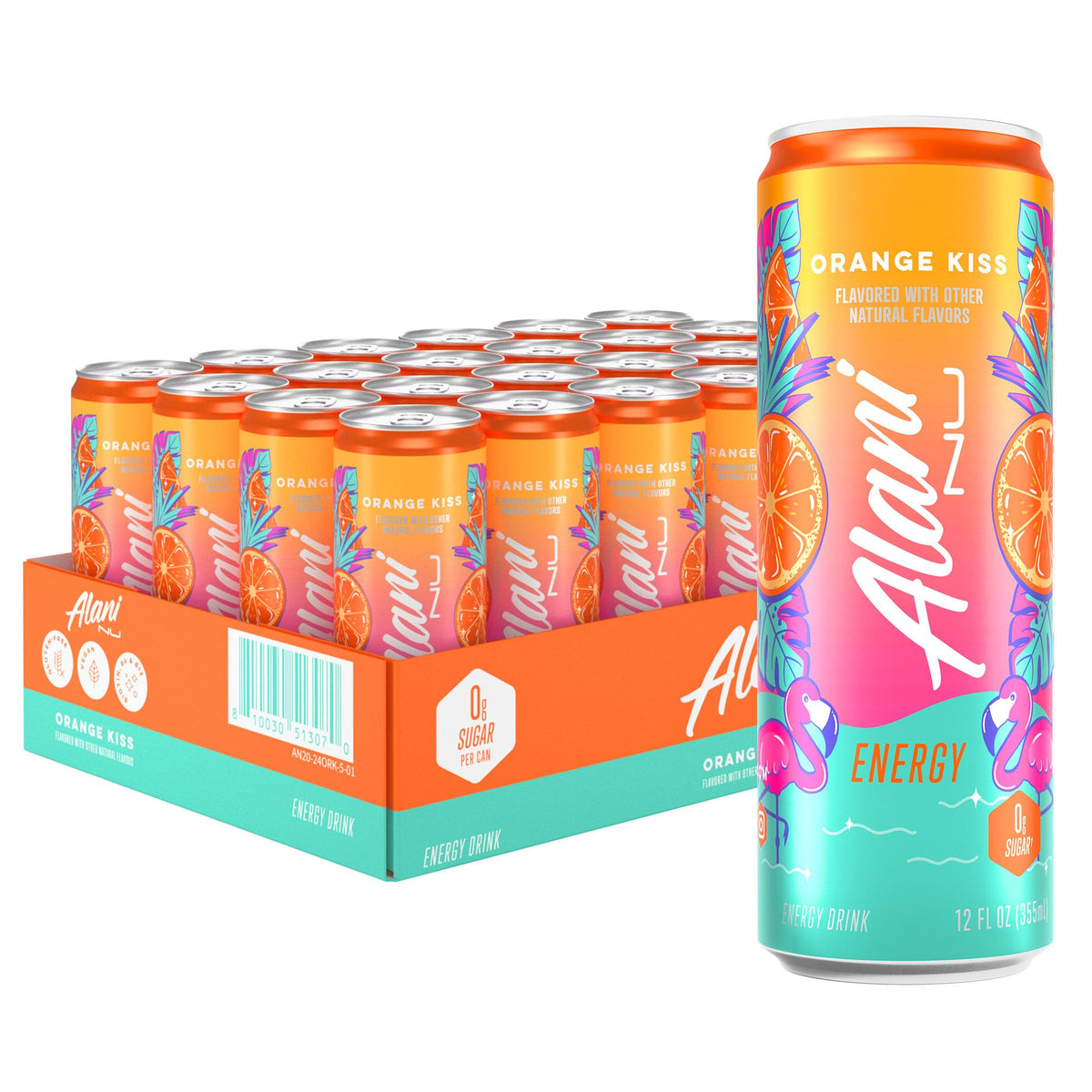 Alani Nu Orange Kiss can front with zero sugar and bold orange branding for a quick energy boost.