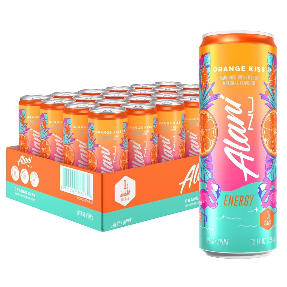 Alani Nu Orange Kiss can front with zero sugar and bold orange branding for a quick energy boost.