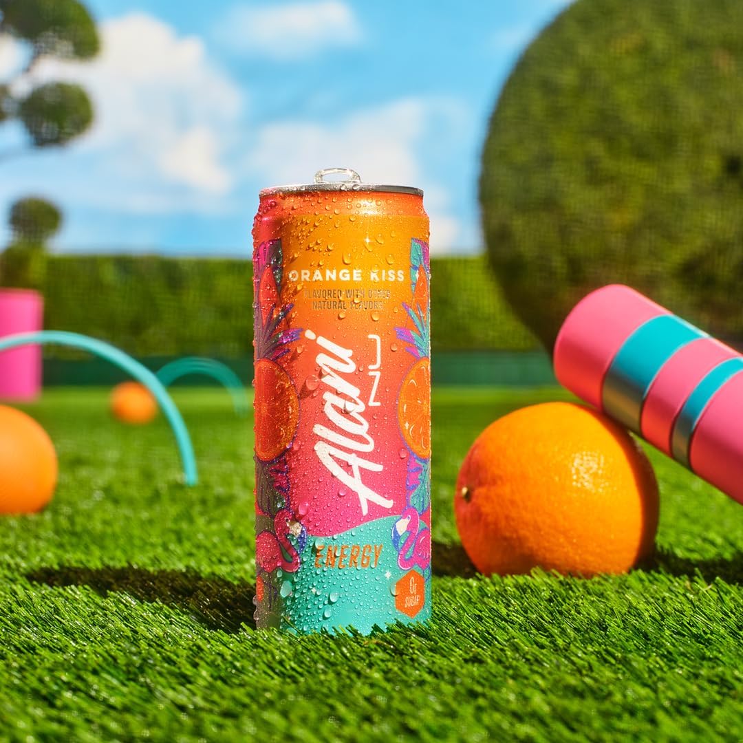 Alani Nu Orange Kiss can pour into glass, showcasing refreshing flavor and 12 oz size.