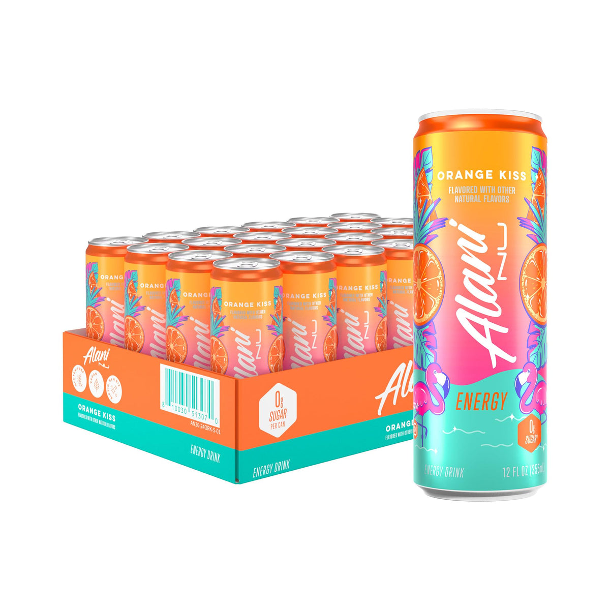 Alani Nu ORANGE KISS cans on shelf offer bold, zero-sugar energy for your day.