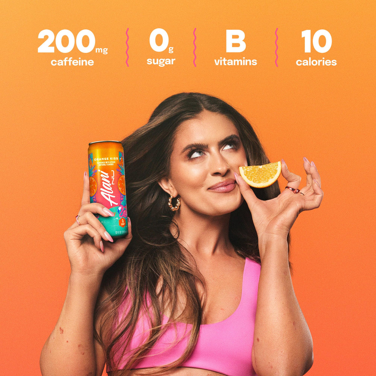 Alani Nu ORANGE KISS label closeup highlights caffeine and B vitamin benefits.