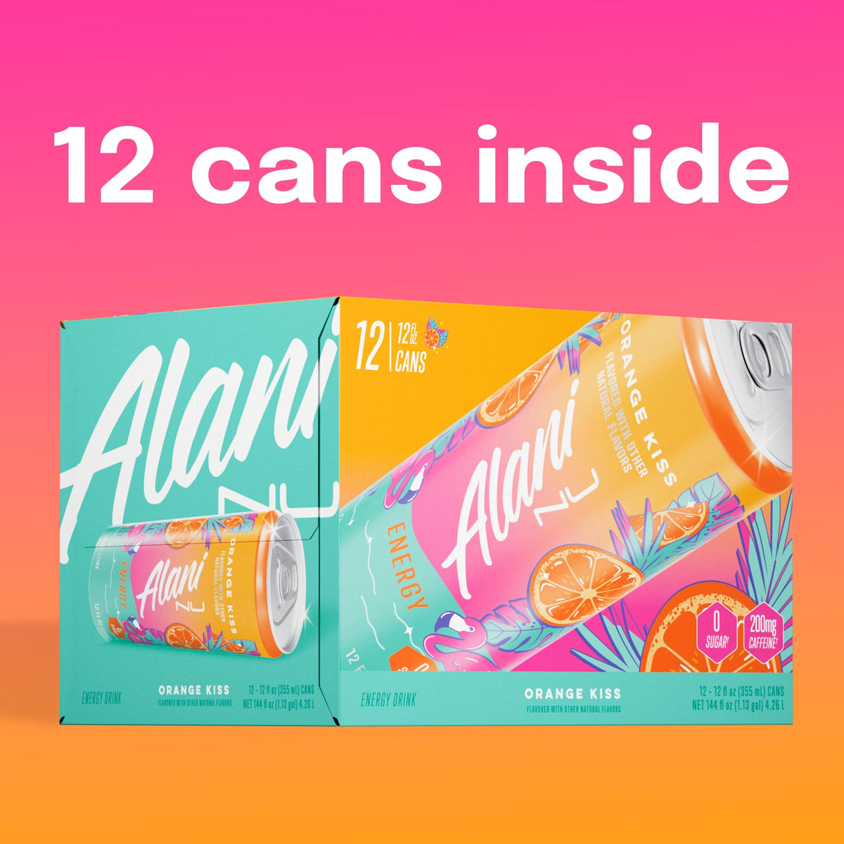 Alani Nu Orange Kiss 12-pack display emphasizes portability and value.