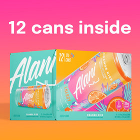 Alani Nu Orange Kiss 12-pack display emphasizes portability and value.