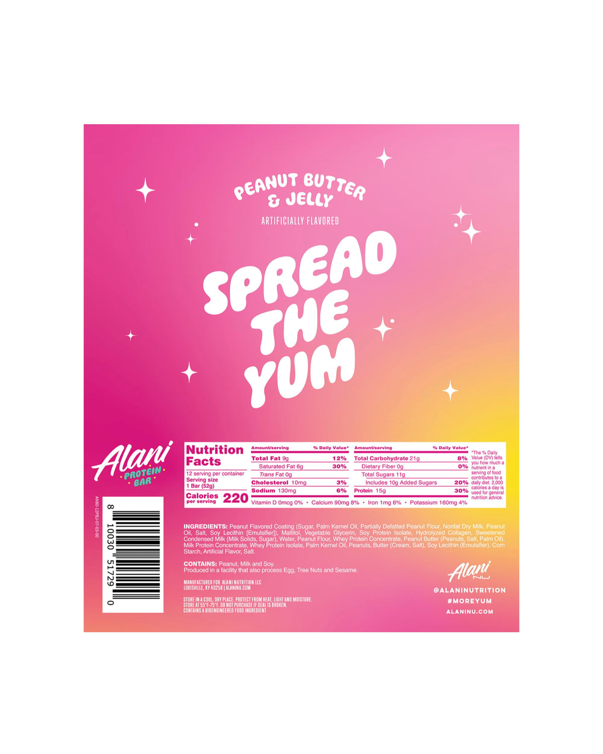 Alani Nu Peanut Butter & Jelly bar cross-section reveals soft center and protein filling.