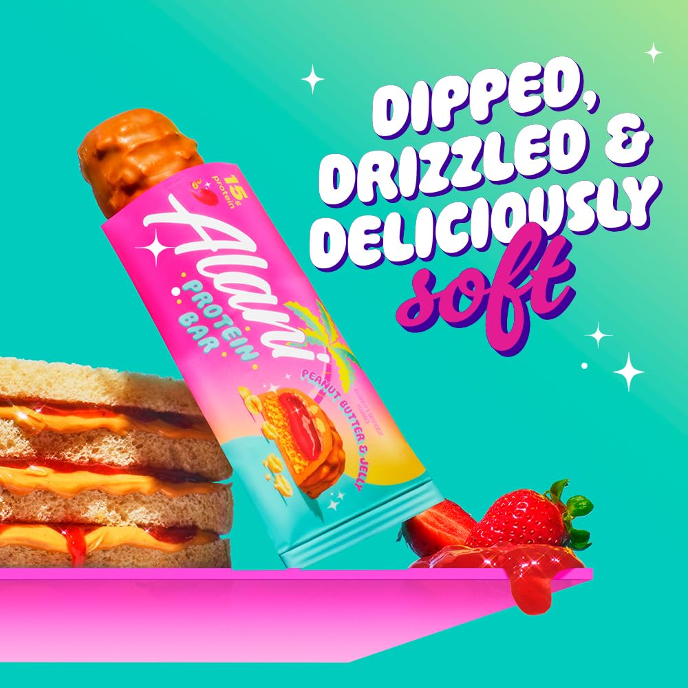 Alani Nu Peanut Butter and Jelly bar packaging with nutrition information.