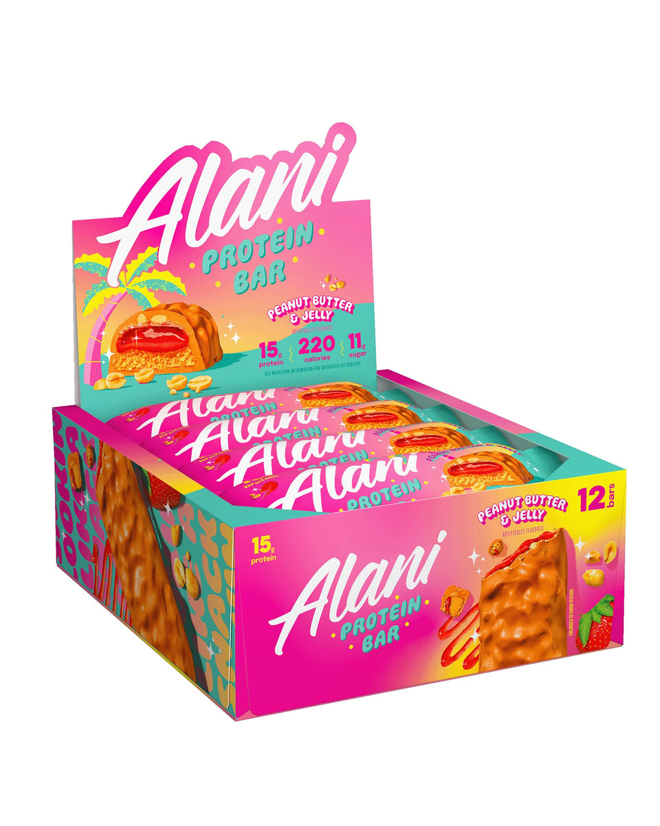 Alani Nu Peanut Butter & Jelly bar unwrapped showing gooey texture and portability.