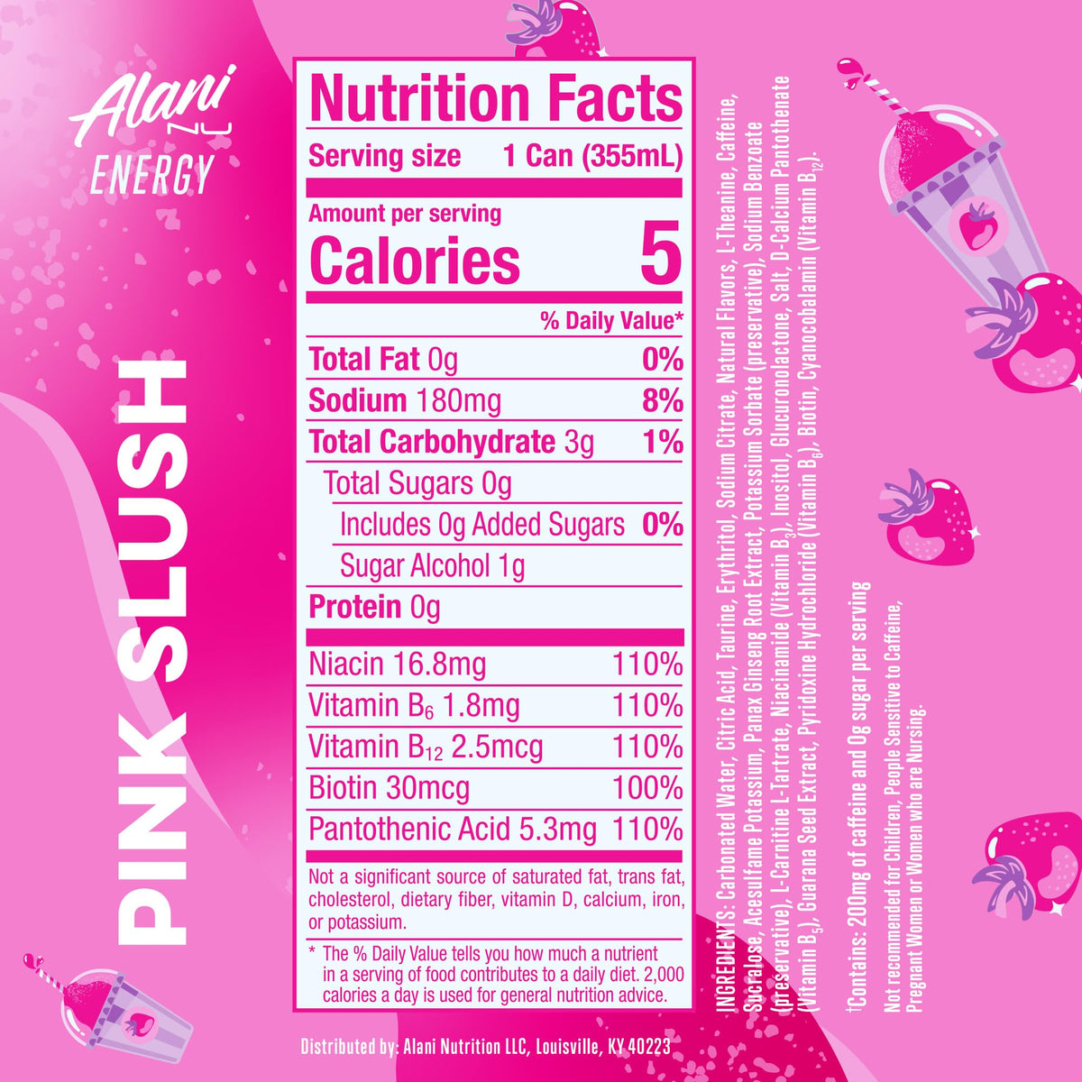 Alani Nu Pink Slush can angled view highlights vibrant color and caffeine boost