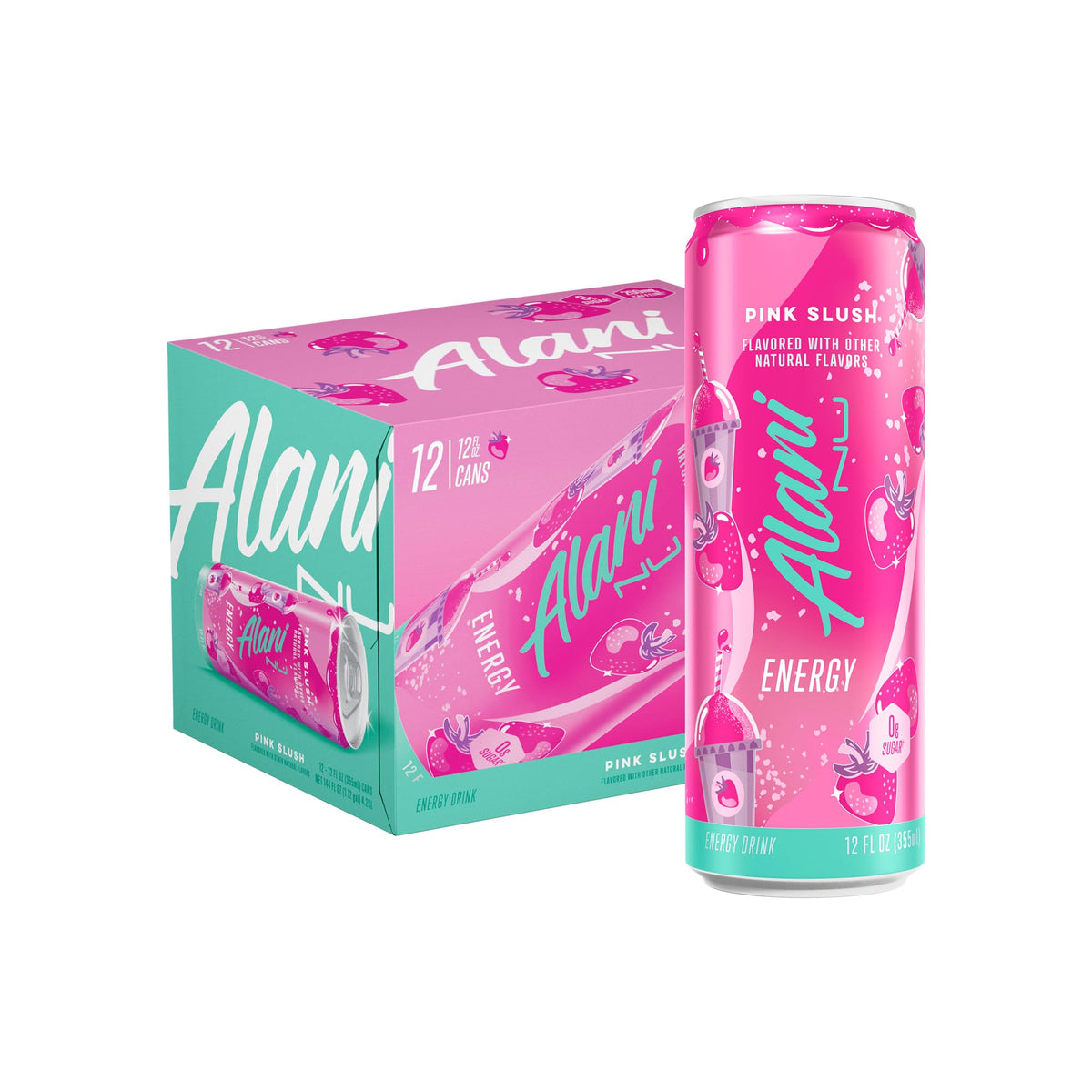 Alani Nu Pink Slush can front view highlights energy and zero sugar.