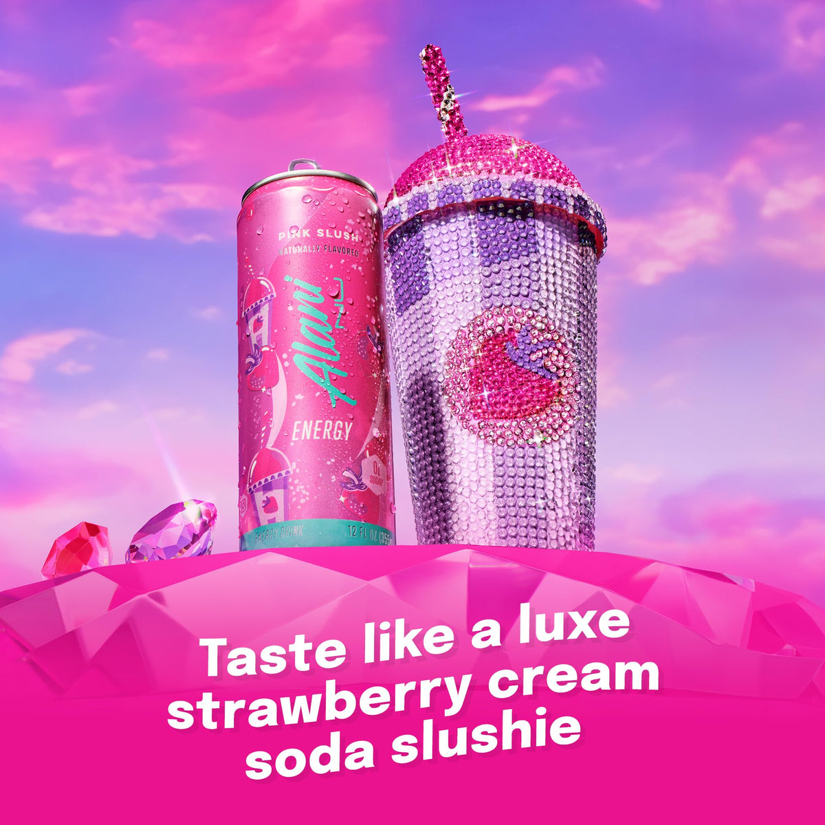 Alani Nu Pink Slush can side angle shows bold label and caffeine.