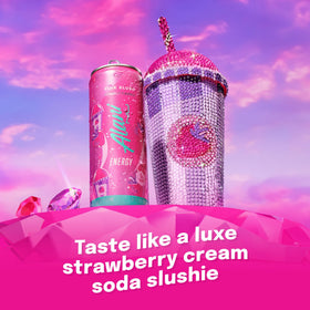 Alani Nu Pink Slush can side angle shows bold label and caffeine.
