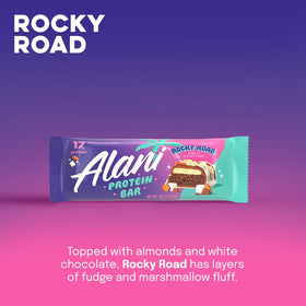 Gluten-free Rocky Road bar with almonds and marshmallows highlighted.