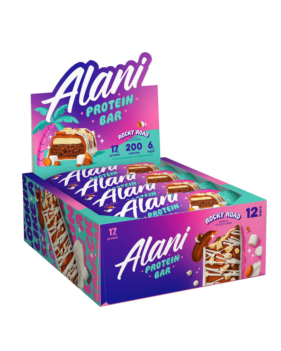 Alani Nu Rocky Road protein bar close-up showing chocolate coating for a tasty high-protein snack.