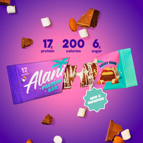Chewy texture and creamy drizzle visual emphasizing indulgent yet low-sugar profile.
