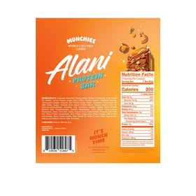Alani Nu Protein MUNCHIES bar packaging close-up highlighting ingredients and flavor