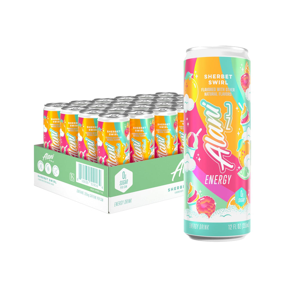 Alani Nu Sherbet Swirl can front, showcasing a zero-sugar, low-calorie energy boost.