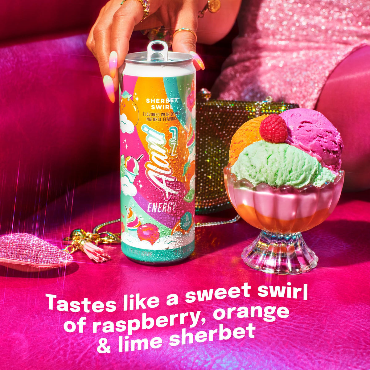 Alani Nu Sherbet Swirl can side, compact anytime pick-me-up for busy days.